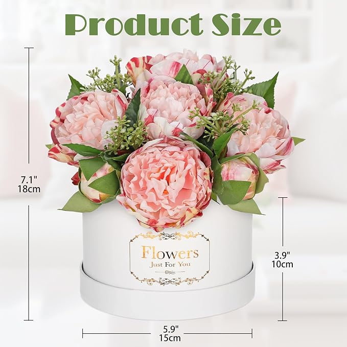 Hollyone Pink Peonies Artificial Flowers in Vase Round Gift Boxes with Fake Flowers Arrangements Faux Flowers Floral in Box Vase for Her Mothers' Day Valentine's Day Christmas Birthday Graduation Gift