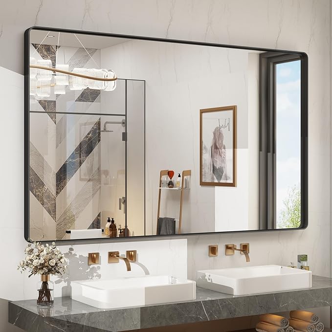 55x36 Inch Black Framed Bathroom Mirror for Wall, Large Matte Metal Framed Wall Mirror, Rounded Corner Rectangle Vanity Mirror, Tempered Glass, Anti-Rust, Shatterproof (Horizontal/Vertical)