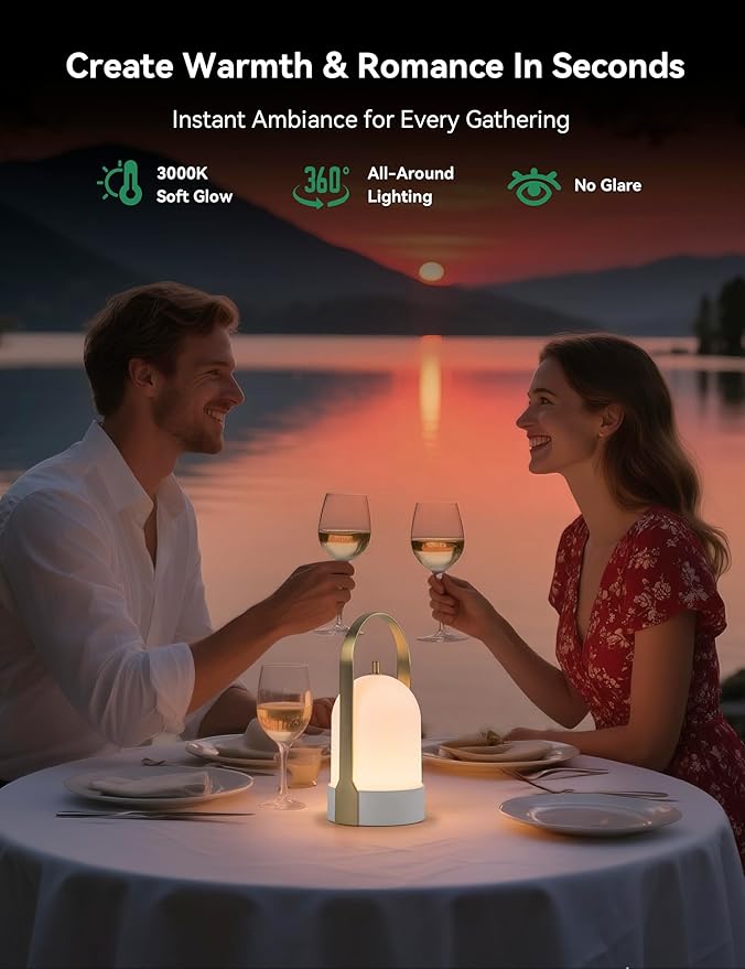 Tubicen Portable Lamp, Battery Operated Cordless Outdoor Table Lamps Rechargeable 4-Level Touch Dimmable IP44 Shower Lamp, Night Light for Patio Camping Dining Room Bedroom (Brass White, Waterproof)
