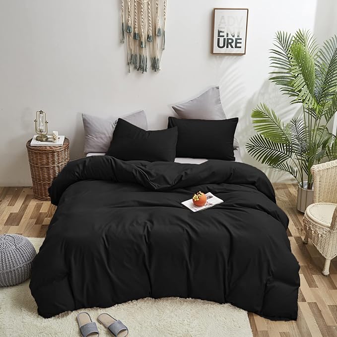Luxlovery Black Queen Comforter Set Men All Black Bedding Comforter Queen Size Blackish Boys Blanket Quilts Soft Breathable Lightweight Fluffy 3PCS Bed Set Teens Adults