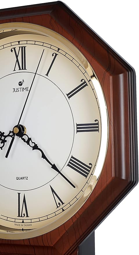 JUSTIME Traditional Schoolhouse Gradient Roman Regulator Wall Clock, Chiming Wall Clocks with Pendulum & Westminster Chime Hourly, Schoolhouse Wall Decor Battery Operated (Red Mahogany)