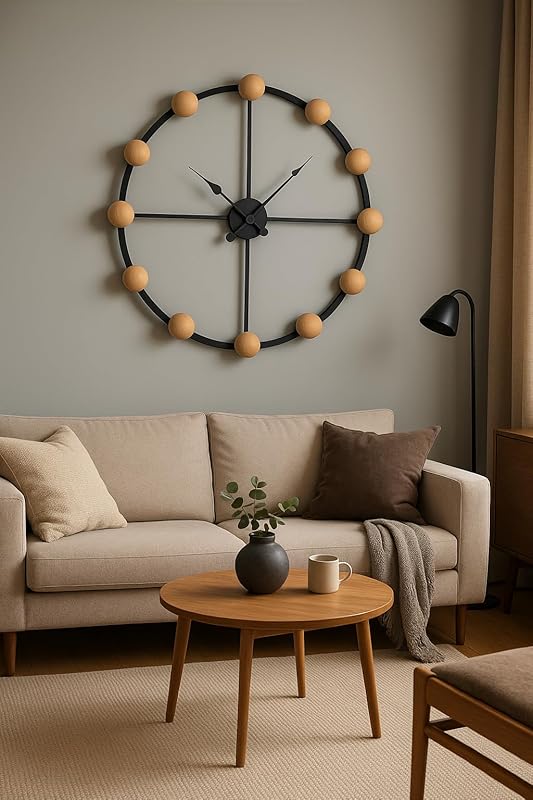 Large Modern Wall Clock – Black Metal Frame with Wooden Spheres – Minimalist Industrial Design – Silent Non-Ticking – Unique Wall Art for Living Room or Office (28 Inch / 70 cm)