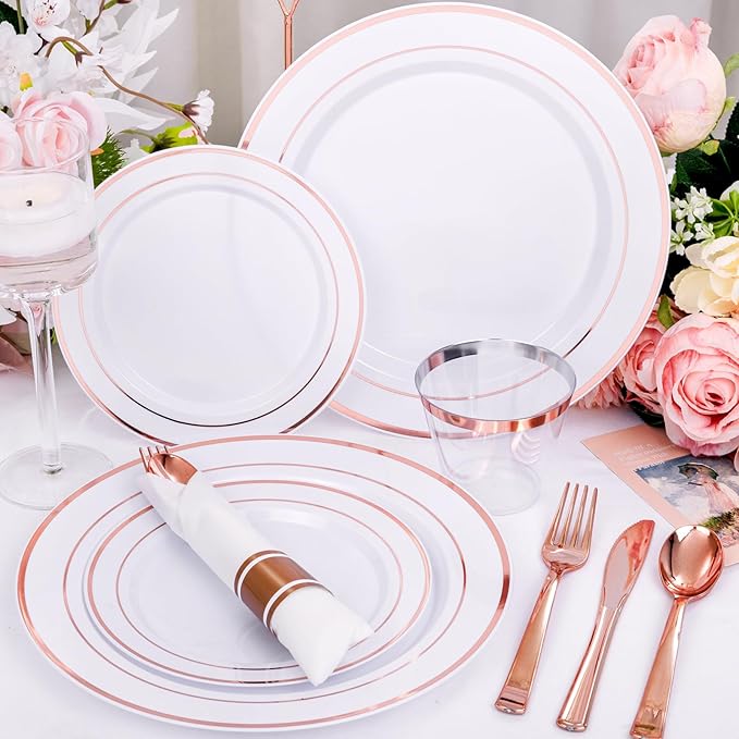 DaYammi 210PCS Rose Gold Plastic Dinnerware Set for 30 Guests, Valentine's Day Plates for Party, Include: 30 Dinner Plates, 30 Dessert Platos, 30 Pre Rolled Napkins with Rose Gold Silverware, 30 Cups