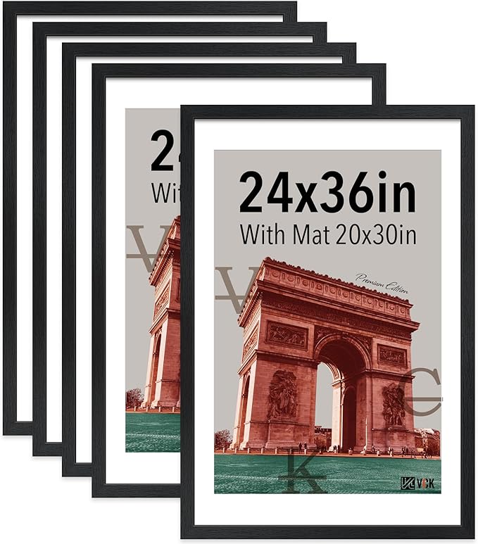 VCK 24x36 Poster Frame 5 Pack - Black, Exclusive Woodgrain Solid Wood Picture Frame, Matted to 20x30 or 24x36 without Mat, Horizontal and Vertical Formats with Included Hanging Hardware