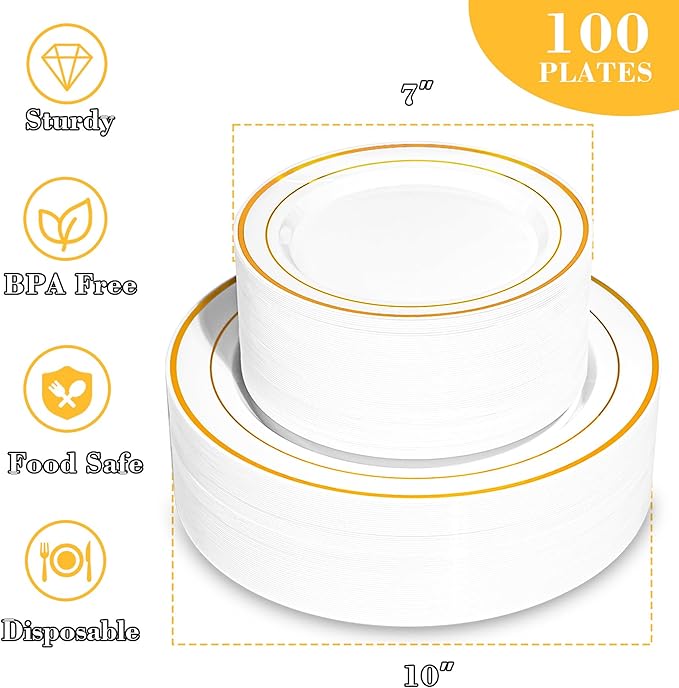 100PCS Gold Plastic Plates, Disposable Party Plates with Gold Rim, Include 50 Dinner Plate and 50 Elegant Dessert Plate for Party and Wedding