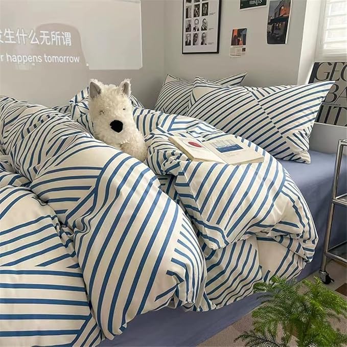 VM VOUGEMARKET Blue Geometric Duvet Cover Set, 100% Cotton Stripes Bedding Set,3 Pieces Instagram Style Simple Modern Duvet Cover with 2 Pillowcases-Queen,Blue Stripes