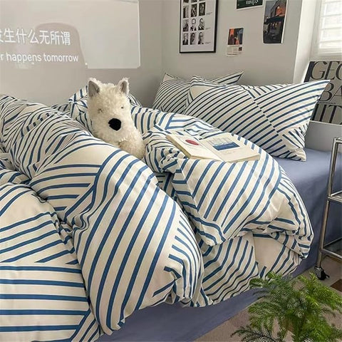 VM VOUGEMARKET Blue Geometric Duvet Cover Set, 100% Cotton Stripes Bedding Set,3 Pieces Instagram Style Simple Modern Duvet Cover with 2 Pillowcases-Queen,Blue Stripes