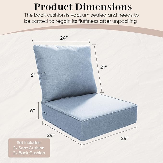 Outdoor Seat Cushion Set-24 x 24 x 6 Inch Outdoor Chair Cushions Set of 2 with Water Resistant & Removable Cover Outdoor Cushions for Patio Furniture Chair Sofa Couch-Sky Blue