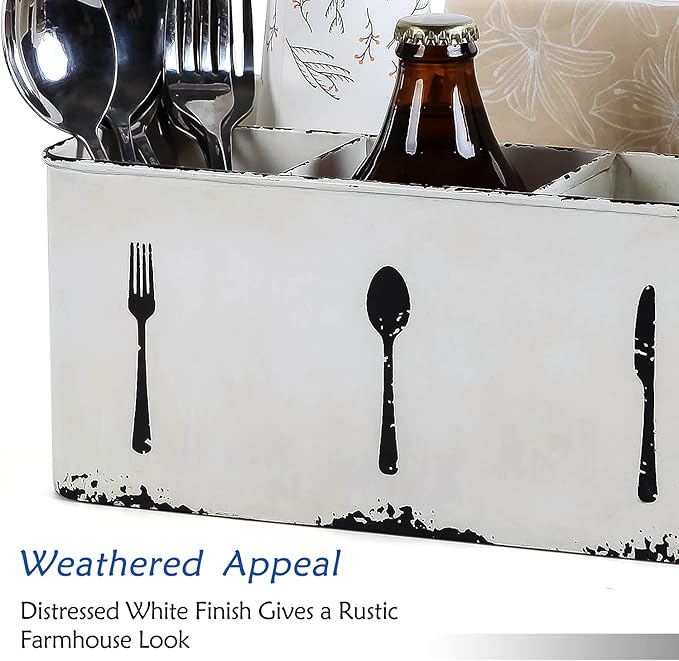 NIKKY HOME Utensil Caddy, Farmhouse Rustic Metal Cutlery Silverware Caddy with 4 Compartments, Flatware Holder Organizer for Kitchen Countertop, Picnics, Party, Camping, Outdoor - Distressed White