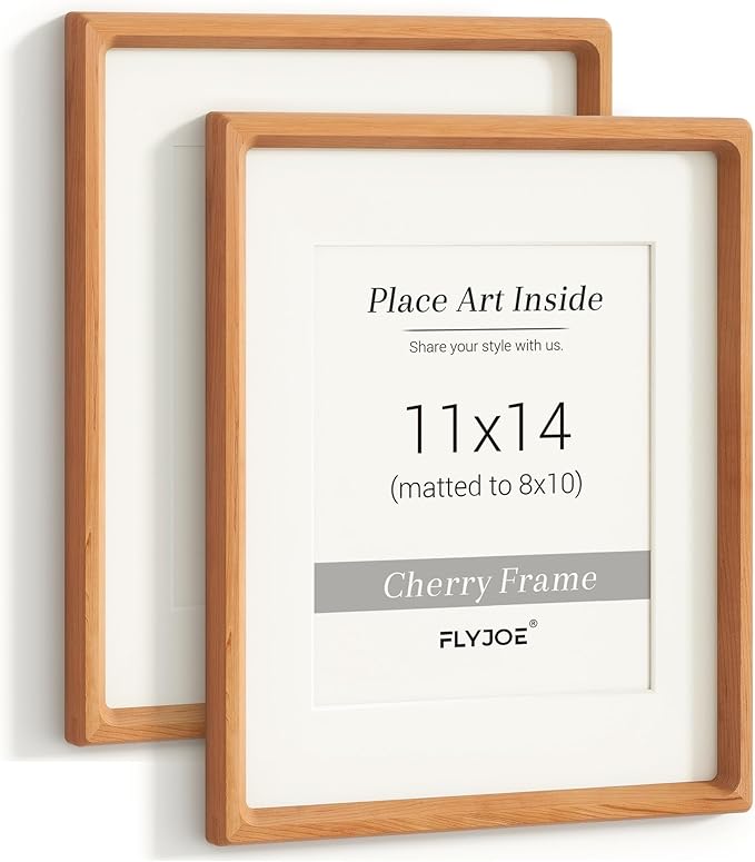 11x14 Picture Frame Set of 2, USA-Sourced Cherry Wood Photo Frame with Tempered Glass, Handcrafted Rounded Corner 11 x 14 Wooden Frame Matted to 8x10 Photos, Wall or Tabletop Display