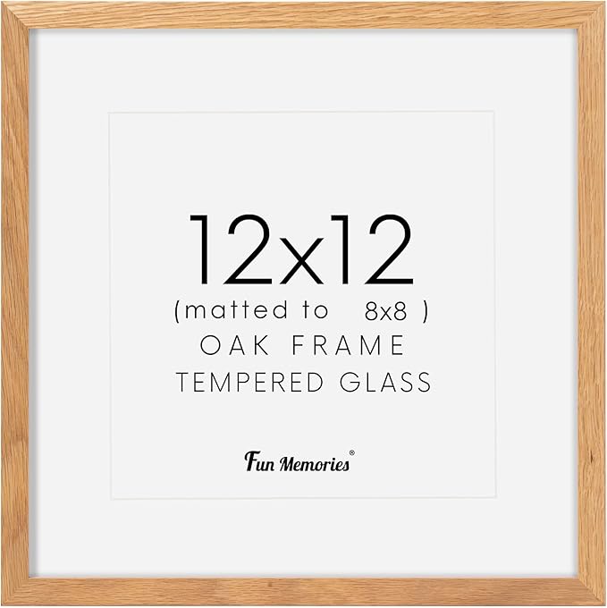 12x12 Picture Frame, Solid Oak Wood 12"x12" Photo Frame for Wall, 12 x 12 Frame Matted to 8 x 8, Square 12x12 Frame, Tempered Real Glass, 12 x 12 Collage Gallery Frames - Natural Oak Color, 1 Pack