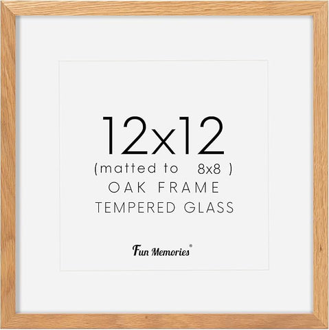 12x12 Picture Frame, Solid Oak Wood 12"x12" Photo Frame for Wall, 12 x 12 Frame Matted to 8 x 8, Square 12x12 Frame, Tempered Real Glass, 12 x 12 Collage Gallery Frames - Natural Oak Color, 1 Pack