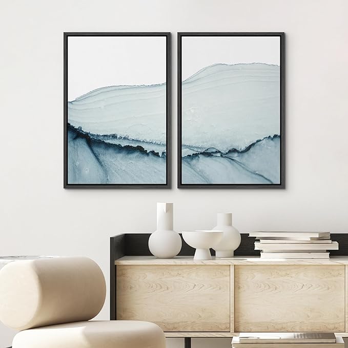 SIGNWIN Framed Wall Art Print Set Blue Paint Stroke Wave Collage Abstract Shapes Illustrations Modern Art Rustic Relax/Calm Multicolor for Living Room, Bedroom, Office - 24"x36"x2 Black
