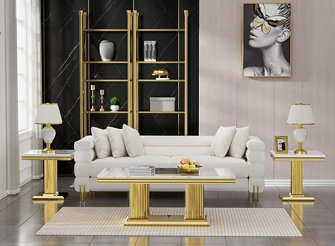SSLine Modern White Faux Marble End Table Luxury Square Sofa Side Table with Gold Pedestal Base Mid-Century Elegant Bedside Table w/Mirrored Stainless Steel Frame for Living Room Bedroom