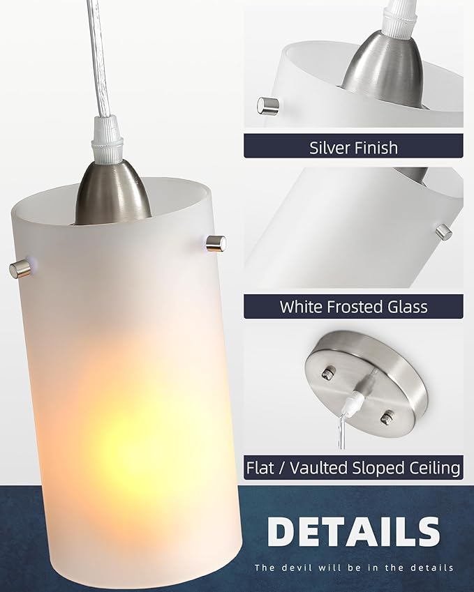1-Light Mini Pendant Light Fixtures, Modern Chandelier Hanging Ceiling Light with White Frosted Shade, Brushed Nickel Pendant Lighting Adjustable Height, 3 Pack