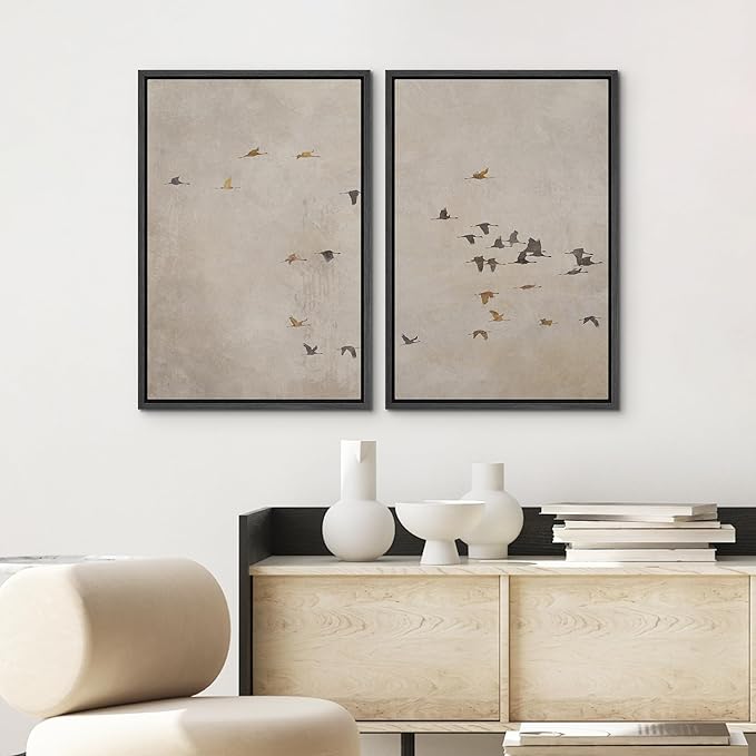 SIGNWIN Framed Canvas Print Wall Art Set Flying Birds Silhouette Minimalist Beige Illustrations Modern Minimal Decorative for Living Room, Bedroom, Office - 24"x36"x2 Black