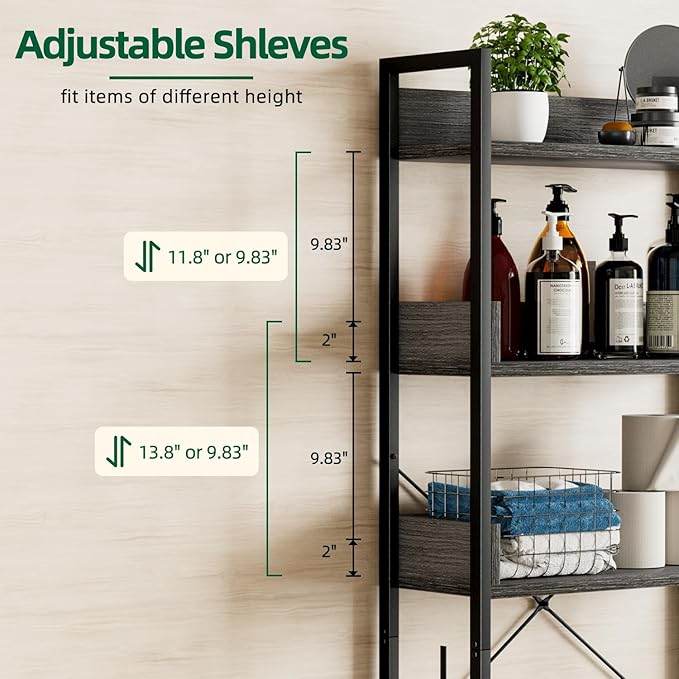 OTK Over-The-Toilet Storage, 3 Tier Bathroom Organizer Shelf, Freestanding Space Saver with Toilet Paper Holder, Multifunctional Over The Toilet Rack, Dark Grey