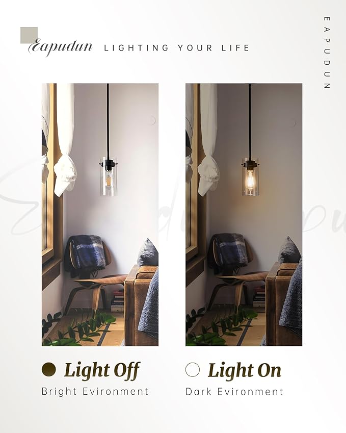 EAPUDUN Pendant Lights (2 Packs), Hanging Lights Fixtures, Clear Glass Shade Kitchen Lighting, Matte Black Farmhouse Kitchen Dining Table Ceiling Lights -PDA1353-B-MBK