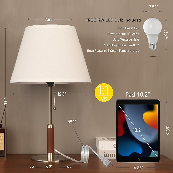 21" Table Lamps for Night Stands Bedside Lamp for Living Room Bedroom Lamp for End Tables 3-Color Pull Chain Switch Walnut Wood Fabric for Home/Office/Desk Decor (Off White+Brushed Nickel)
