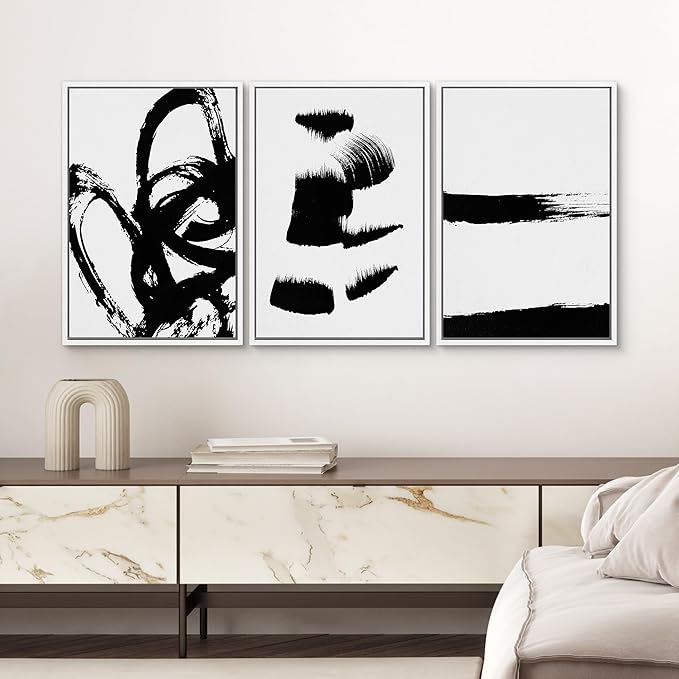SIGNWIN Framed Wall Art Print Set Grunge Style Black & White Paint Strokes Abstract Shapes Illustrations Modern Art Bohemian Group Dramatic Grey for Living Room, Bedroom, Office - 24"x36"x3 White