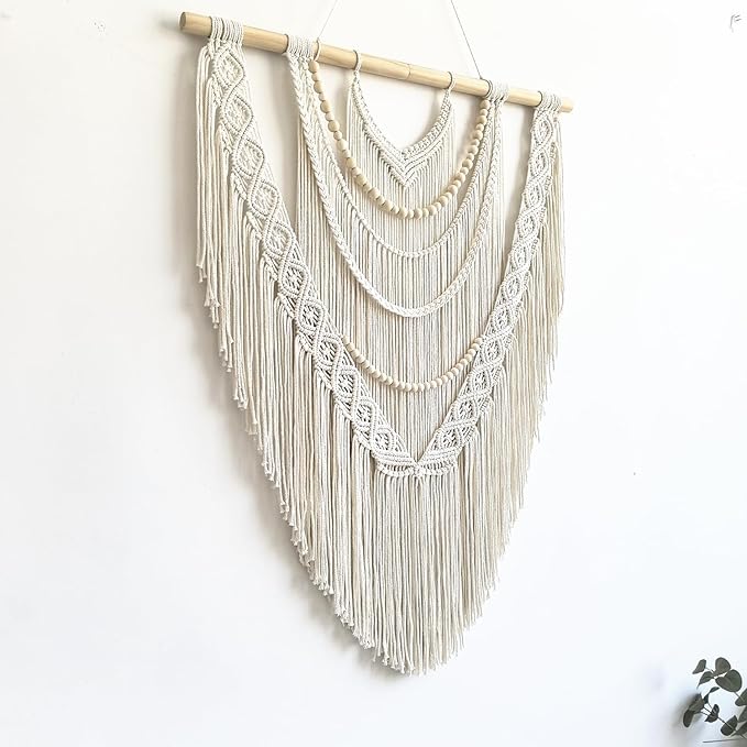 Large Macrame Wall Hanging, 27'' W x 36'' L Boho Art Tapestry Wall Decor for Urban entryway,Living Room,Bedroom Decor, headboard Woven, Big Fiber Art Over Couch (Wood Bead)