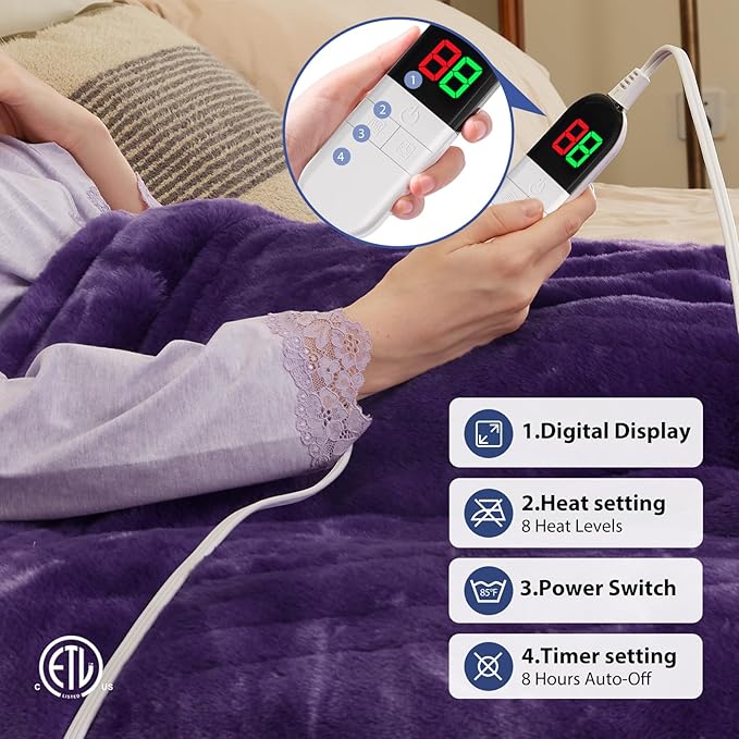 MAXEVE Electric Heated Throw Faux Rabbit Fur Blanket with 8 Heating Levels & 8H Auto Off, Fast Heating Warm Cozy Sherpa Washable Blanket with Over-Heat Protection, ETL Certification, Purple