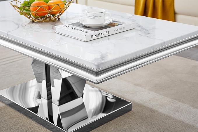 SSLine Rectangular Faux Marble Coffee Table for Living Room Modern Luxury White Marble Center Table with Silver Pedestal Base 46.8" Mid-Century Cocktail Table with Mirrored Stainless Steel Frame