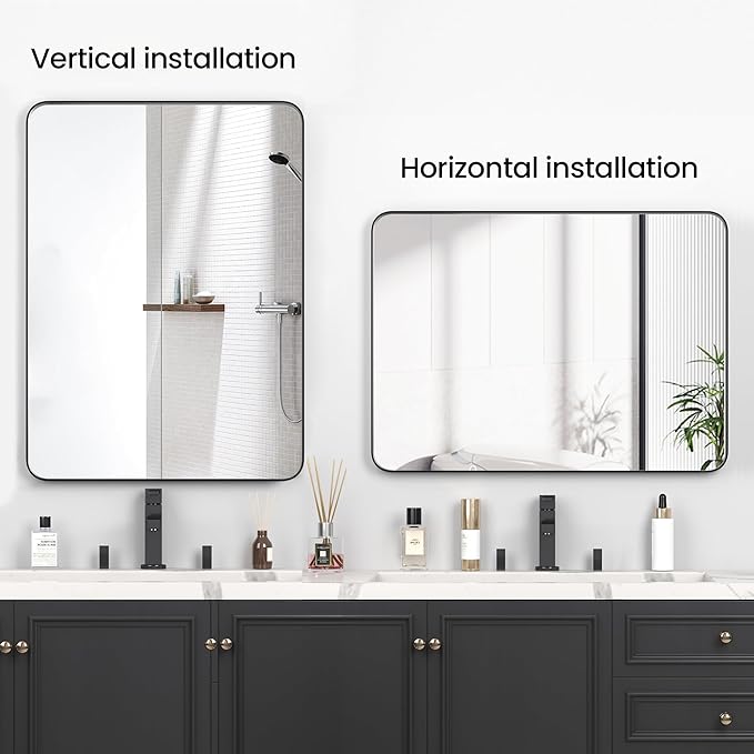 Bathroom Mirror 22x30 inch, Rustproof Aluminum Metal Framed Mirror for Wall, Matte Black Bathroom Vanity Mirror, Shatterppoof Mirror, Living Room, Hanging or Leaning Horizontal or Vertical