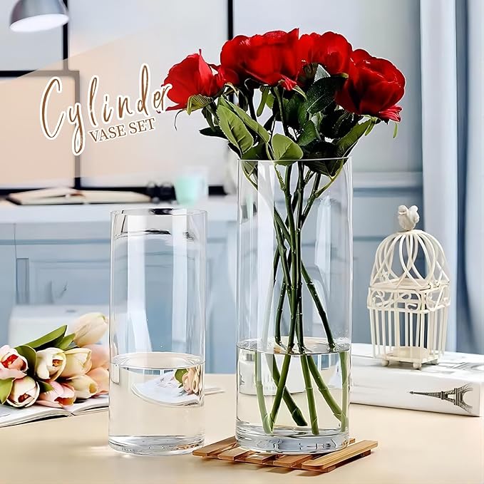 6 Pack Glass Cylinder Vases 10 Inch Tall Clear Flower Vase Bulk Glass Vases Hurricane Floating Candle Holder for Table Centerpiece Party Wedding Home Decor
