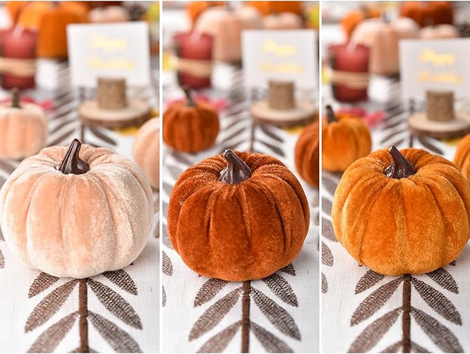 Lvydec Velvet Pumpkins Set Harvest Decoration, 12pcs Assorted Size Orange Cloth Pumpkins for Table Decoration Halloween Thanksgiving Autumn Festive Home Decor