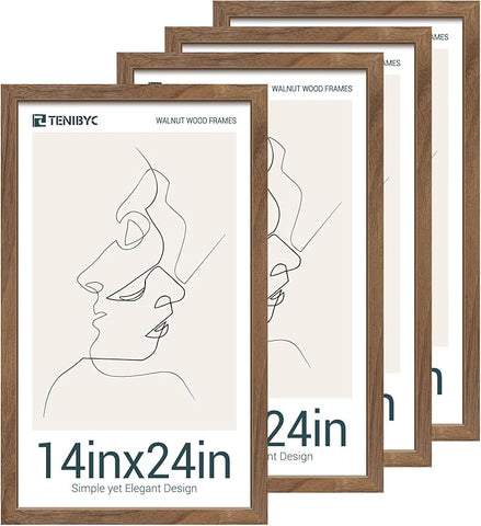 14x24 Poster Frame Set of 4, Walnut Brown Wood Picture Frame, Suitable for 14 x 24 Inch Pictures Posters Photos, Wall Hanging