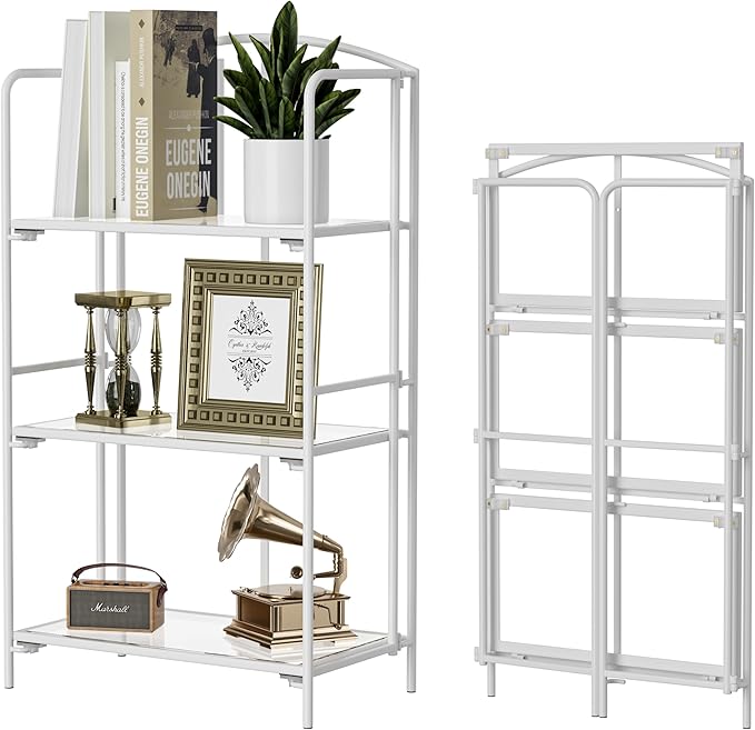 Crofy No Assembly Folding Bookshelf for Living Room, 3 Tier White Collapsible Book Shelf for Home Office, Portable Bookcase Storage Organizer