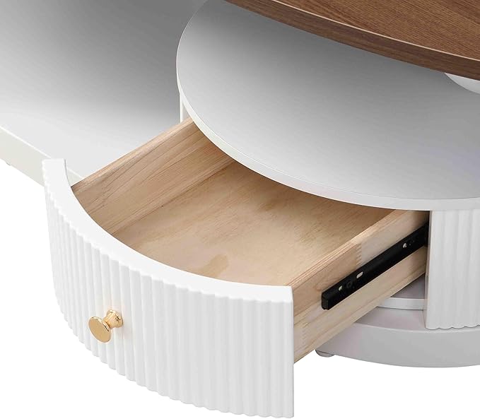 Marble Nesting Coffee Table Set of 2,Modern Oval Center Tea Table and Round Side Nightstand Set w/Drawer and Wood Tabletop and Metal Frame for Living Room Accent Furniture