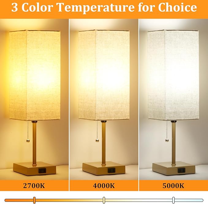 Table Lamp for Bedroom set of 2,3-Color Bedside Lamps with Pull Chain Table Lamps for Nightstand with AC Outlets,18'' Night Light Lamps with 2 Bulbs Lamps for Living Room Kids Office Decor（Glod）