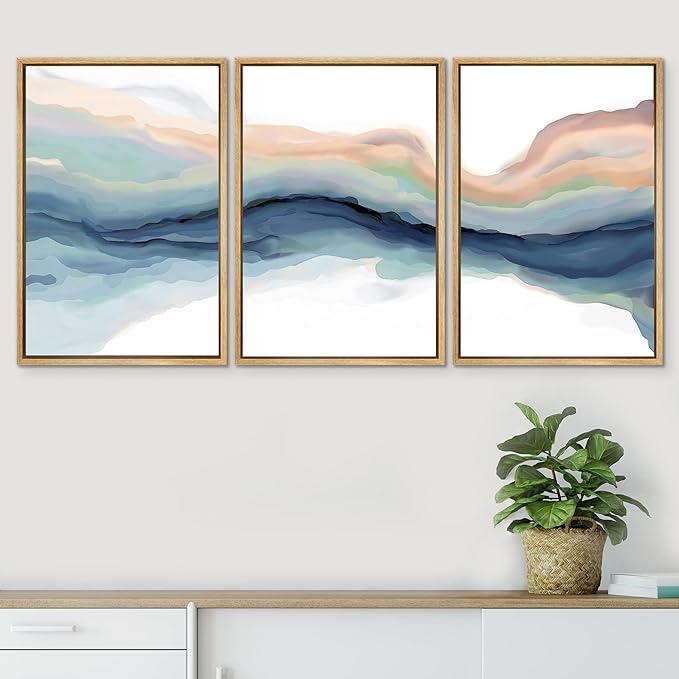 SIGNWIN Framed Canvas Print Wall Art Set Pastel Watercolor Teal Brown Paint Stroke Landscape Abstract Shapes Modern Art Decorative for Living Room, Bedroom, Office - 24"x36"x3 Natural