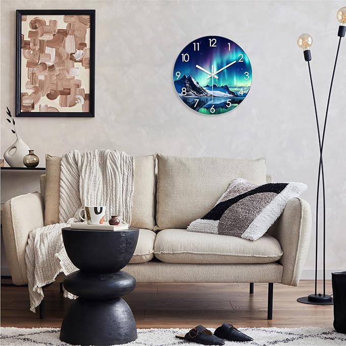 XNM Aurora Teal Clocks for Living Room Modern Wall Clock Battery Operated 16 Inches or Larger Analog Glass Wall Clock Non Ticking
