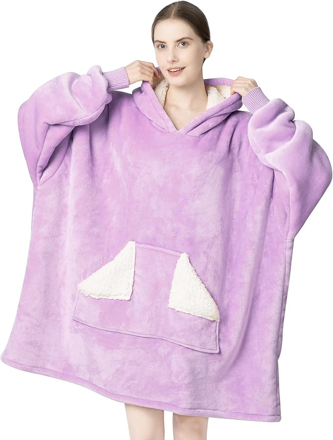 Touchat Wearable Blanket Hoodie, Oversized Sherpa Blanket Sweatshirt with Hood Pocket and Sleeves, Super Soft Warm Plush Hooded Blanket for Adult Women Men (Purple)