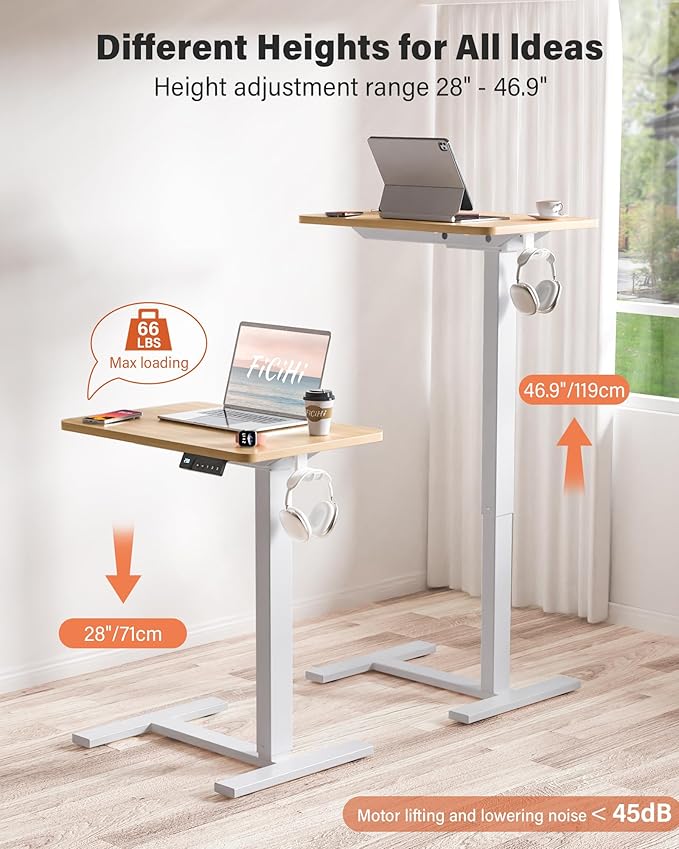 Mobile Standing Desk with Wheels - Electric Height Adjustable Small Movable Laptop Desk, Portable Rolling Computer Workstation Sit Stand Table for Home Office, Sofa & Bedside Use(23.6",Natural)