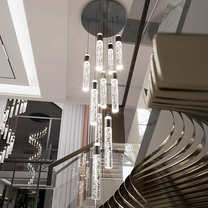 10-Light Black Modern Crystal Chandelier for Living Room Foyer Entrance 110" Long Bubble Crystal Chandelier for Loft High Ceiling Lighting Fixtures LED Lampara, 3000k-6000K