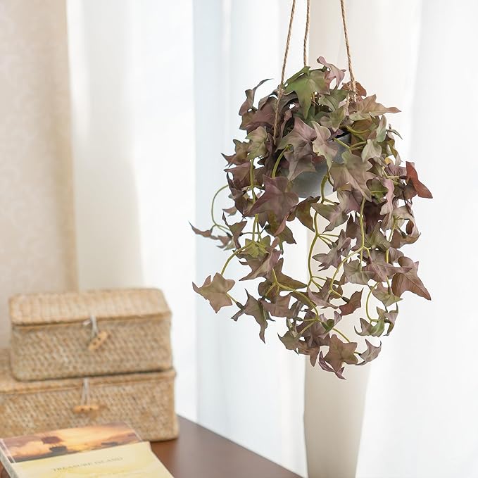 Fake Hanging Plant with Pot, 2 Pack Small Artificial Plants in Pot and Mini Faux Ivy Vines Hanging Plants for Shelves, Greenery Decor for Livingroom Room Wall Office Desk (Brown)