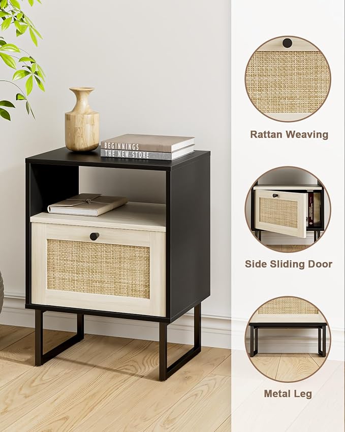 Rattan Nightstand, Boho Night Stand Farmhouse Wood Bedside Table with Storage and Open Shelf, End Side Accent Table for Bedroom,Living Room,Black and Oak