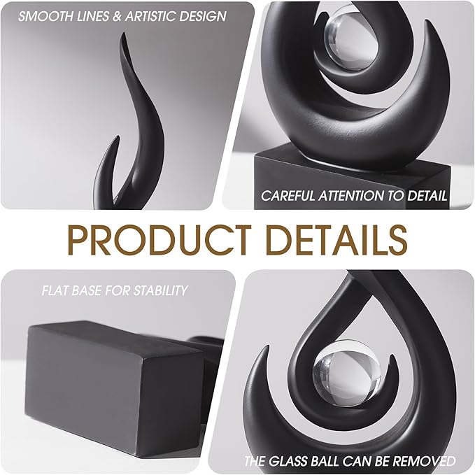 FJS Black Decor Modern Flame Statue Home Decorations for Living Room, 13.7" H Resin Sculptures Home Décor Accents, Abstract Art Sculpture for Dining Room Office Coffee Table Centerpiece