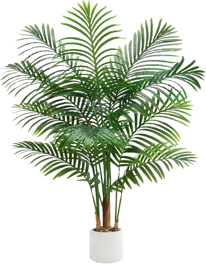 Artificial Palm Tree 4FT Artificia Plants Indoor Fake Trees Tropical Fake Plam Tree Floor Plant in White Pot with 13 Trunks & Real Bark Design Faux Palm Plant for Outdoor Home Room Decor