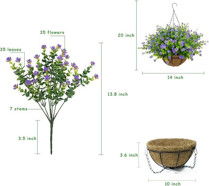 Artificial Hanging Flowers Basket, 12 UV-Resistant Bundles of Realistic Fake Flowers, Faux Plants for Outdoor Decor, Home, Garden, Porch, Patio, Spring & Summer Decorations, Purple