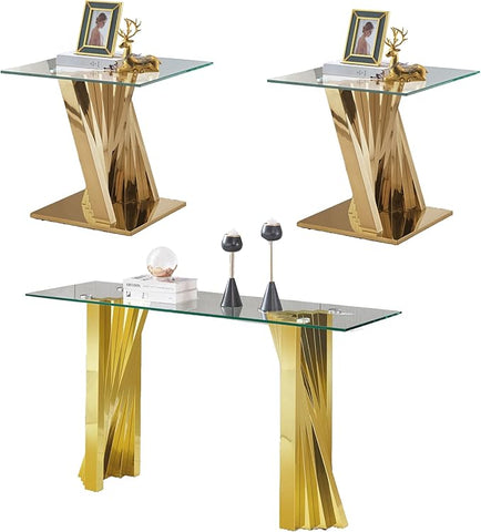 Glass 3 Piece Living Room Table Sets,3-Piece Table Set Includes 1 Console Coffee Table and 2 End Tables with Stainless Steel Frame,Modern Coffee Table Set of 3 for Living Room (Gold)