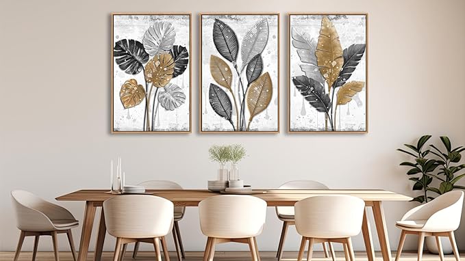 Large Framed Canvas Wall Art - Natural Float Framed Black Brown Gray Leaf Pattern Pictures Decor Rustic Foliage Plants Artwork for Living Room Bedroom Kitchen Home Office Decoration 60" X 28" Set of 3