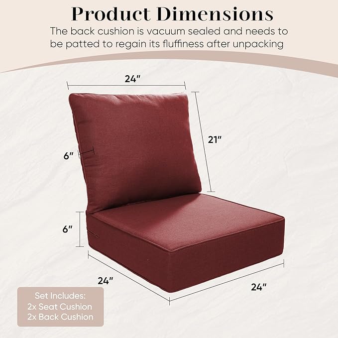 Outdoor Seat Cushion Set-24 x 24 x 6 Inch Outdoor Chair Cushions Set of 2 with Water Resistant & Removable Cover Outdoor Cushions for Patio Furniture Chair Sofa Couch-Red
