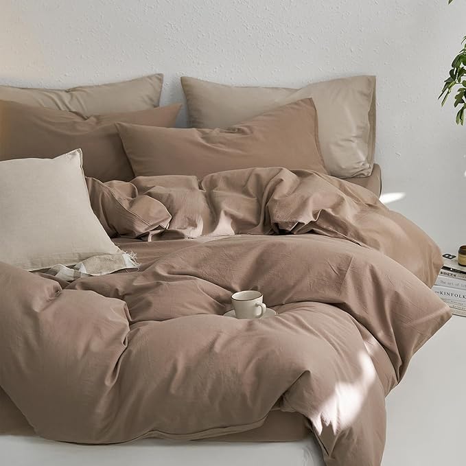 MooMee Super King Duvet Cover Set, 100% Washed Cotton Linen Like Twill Thick Sturdy Material Super Soft Breathable Durable Bedding for All Season, 3 Pieces (Bombay Brown, Super King 108"x98")