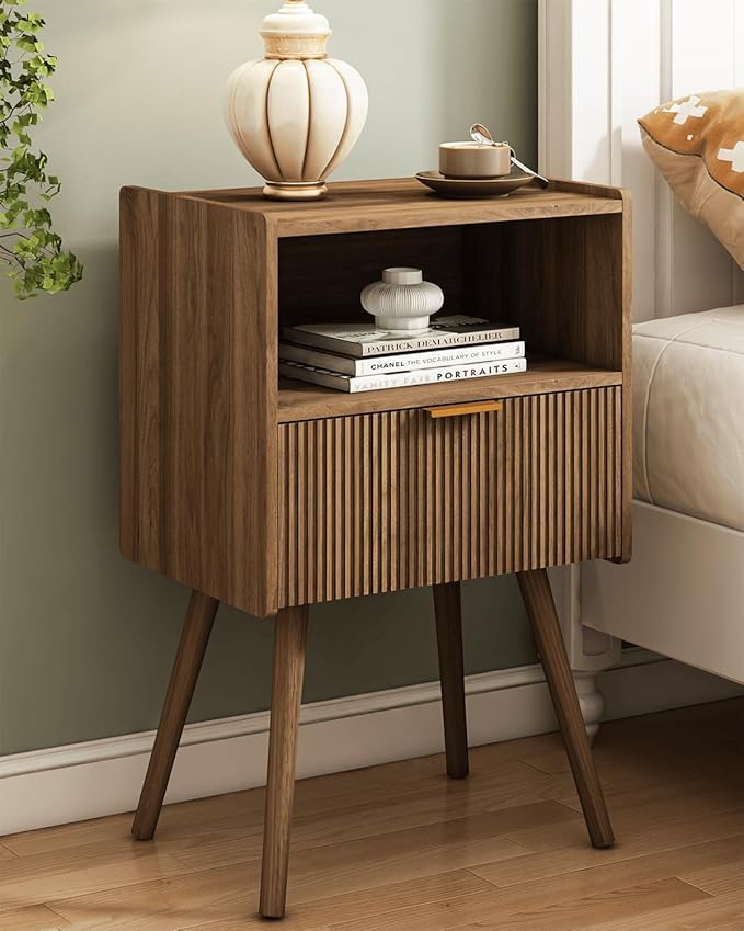Nightstand,Modern Bedside Table with Storage Drawer and Open Wood Shelf, for Living Room, Bedroom and Small Spaces, Accent Night Stand with Solid Wood Legs, Easy Assembly,Walnut Brown