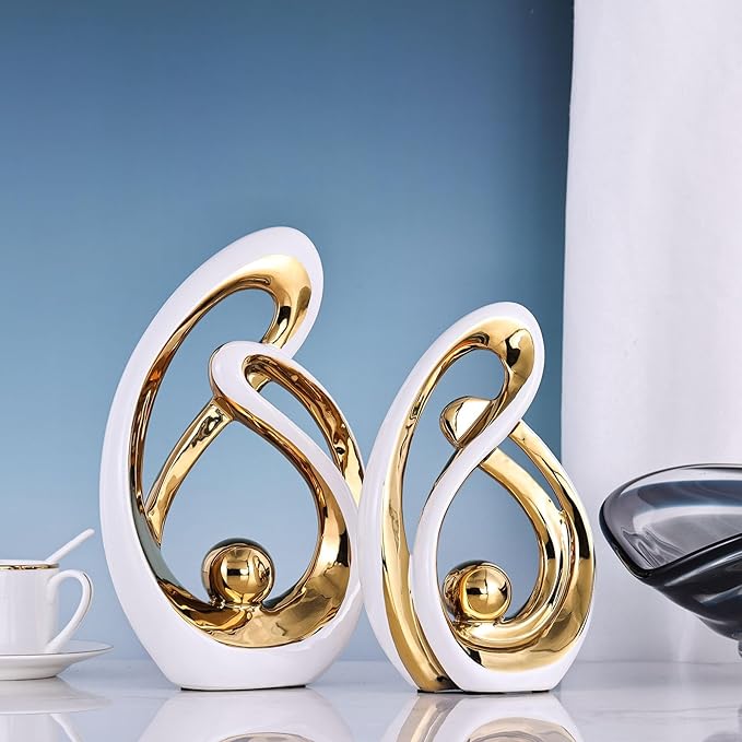 Home Decor Accent,Porcelain Art Mid Century Bookshelf Decorations,Gold Centerpieces for Tables,Abstract Ceramic Statue Sculpture for Coffee Table Mantel Tv Stand Centerpieces (White Gold, Large)